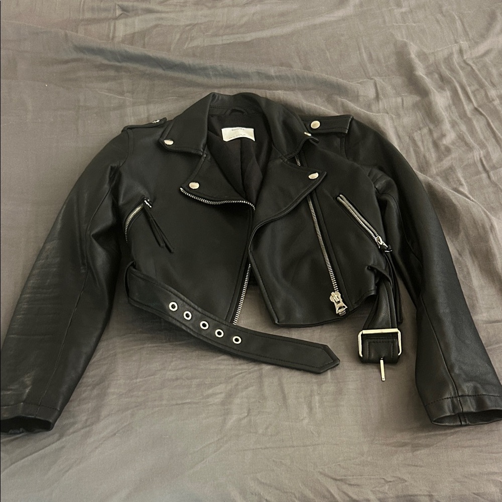 Bershka Black Cropped Leather Jacket